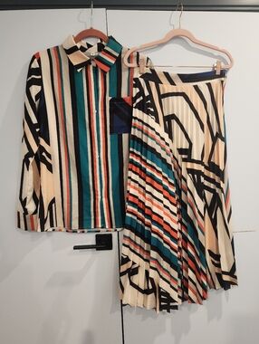 Multi-Stripe Top & Pleated Midi Skirt Set